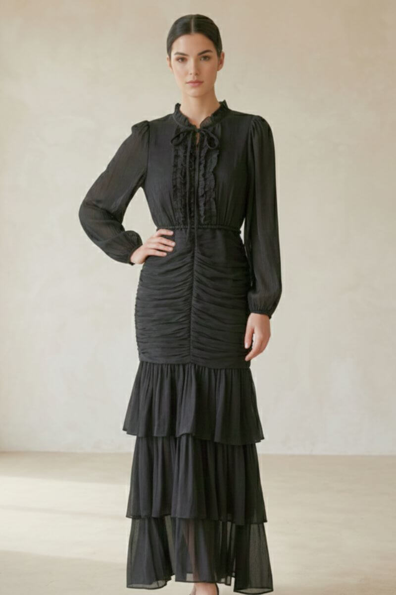 Black Chiffon Tiered Maxi Dress S / Black