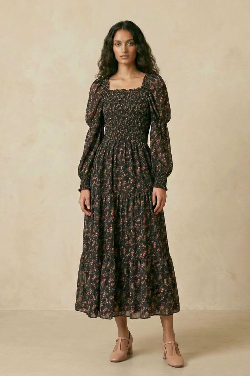Dark Rose Garden Smocked Maxi Dress Xs Dark Rose Garden Smocked Maxi Dress Xs