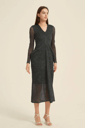 Elegant black midi dress for women featuring a sheer mesh overlay, V-neckline, fitted waist, and flowy semi-transparent hem.