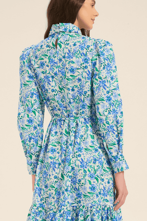 Back view of a blue floral print midi dress featuring high neck, fitted waist, and tiered skirt.