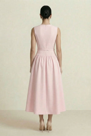 Back view of a blush pink sleeveless midi dress featuring a fitted bodice, center-back zip, and softly gathered skirt, photographed against an elegant neutral backdrop.