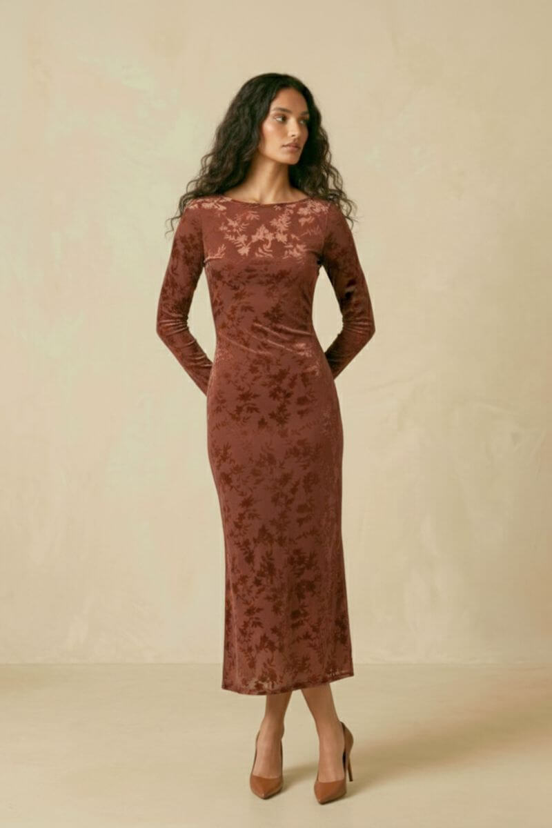 Mocha Velvet Burnout Bodycon Maxi Dress L