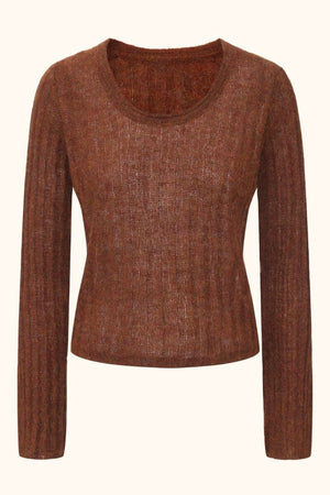 Front view of a brown ribbed mohair-blend long sleeve top with a soft semi-sheer knit texture, featuring a classic round neckline and slim fit, Sioéne womenswear.