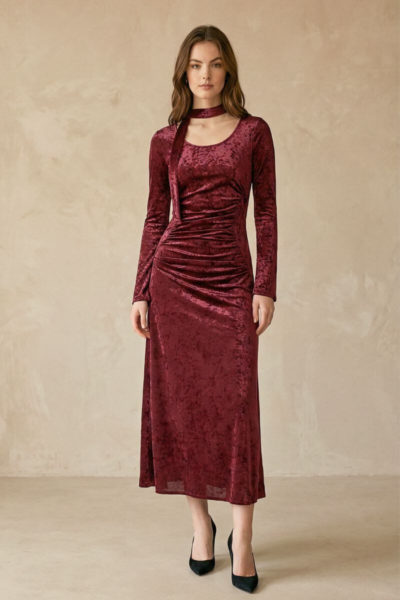 knee length dresses for ladies Burgundy Velvet Midi dress main image 0