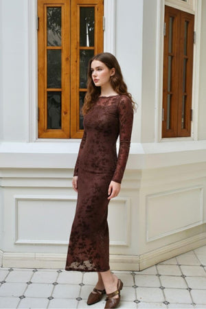 Model standing by wooden-framed windows wearing a chocolate brown long-sleeve sheer velvet midi dress with tonal floral patterns and a fitted silhouette, paired with pointed brown flats on a tiled floor.