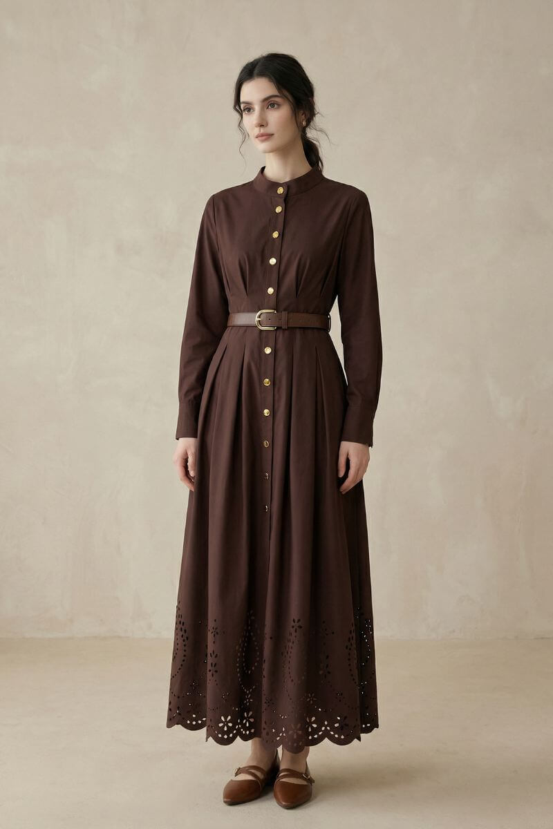 Chestnut Belted Shirt Maxi Dress Xs
