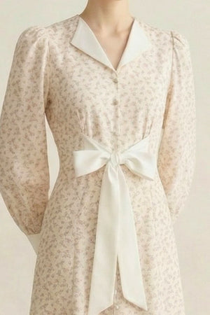 Close-up of a cream printed vintage-inspired maxi dress with a satin collar, puff sleeves, and a long satin bow tied at the waist.
