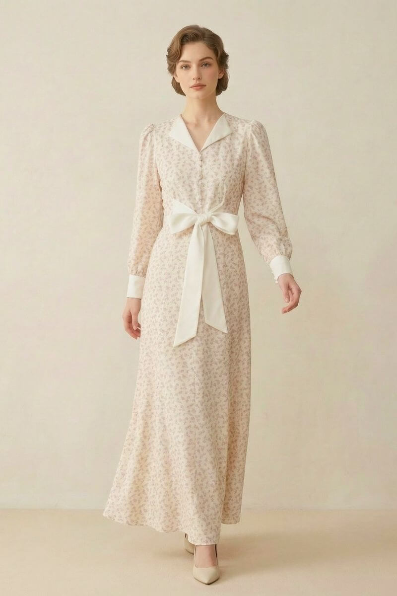 Cream Satin Collar Floral A-Line Maxi Dress Xs