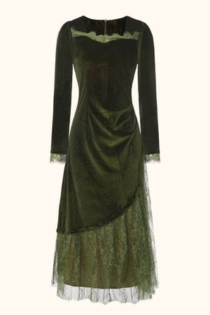 A deep green velvet midi dress with long sleeves, lace neckline detailing, and an asymmetric lace hem, photographed from the front against a neutral background.
