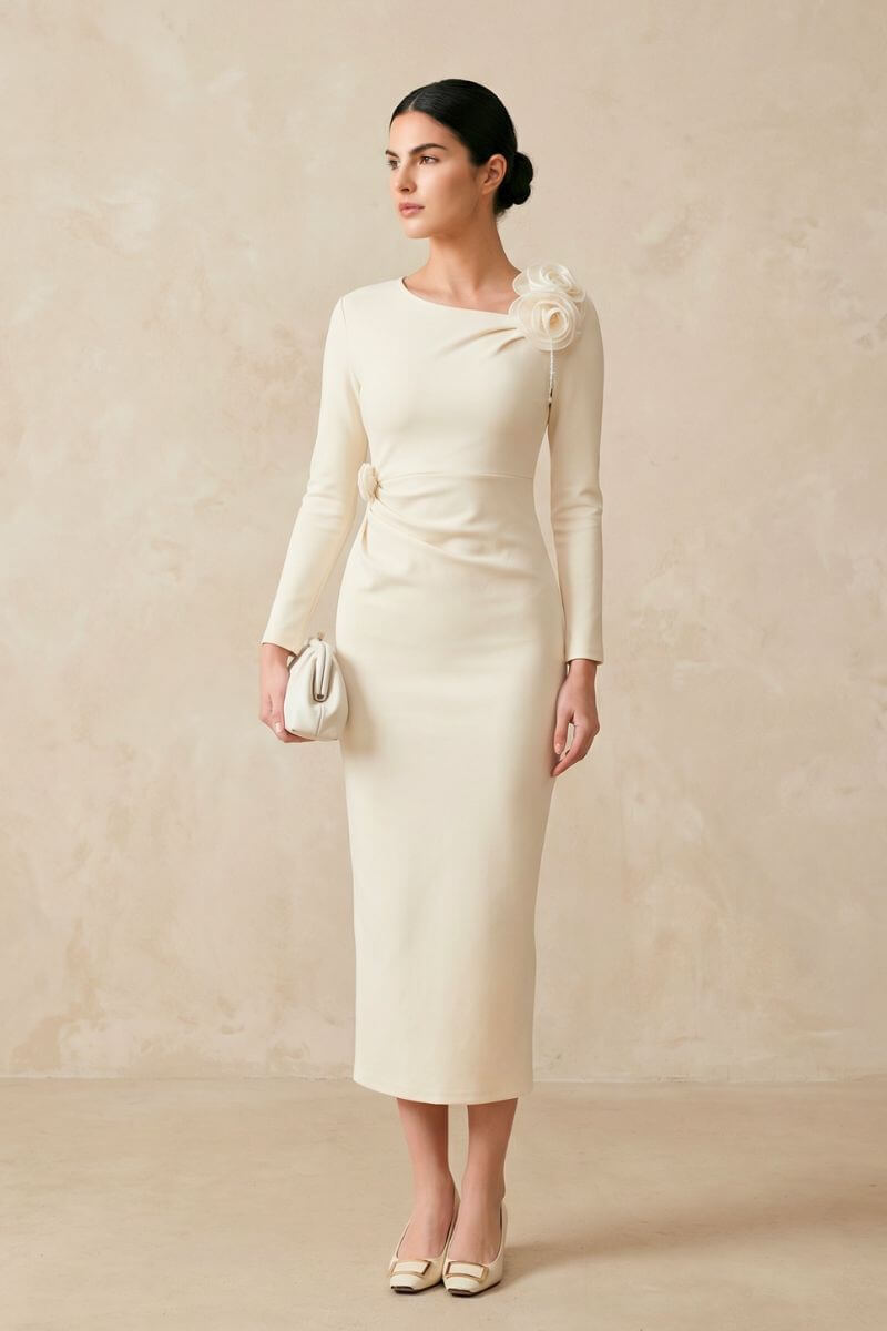 Draped Flower Shoulder Midi Dress L Draped Flower Shoulder Midi Dress L