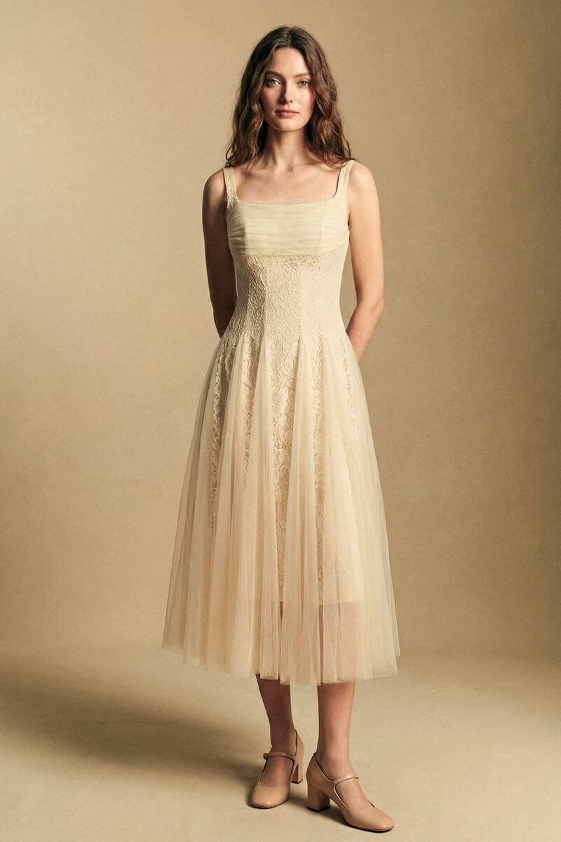 Soft Gold Corset Tulle Ballroom Midi Dress M