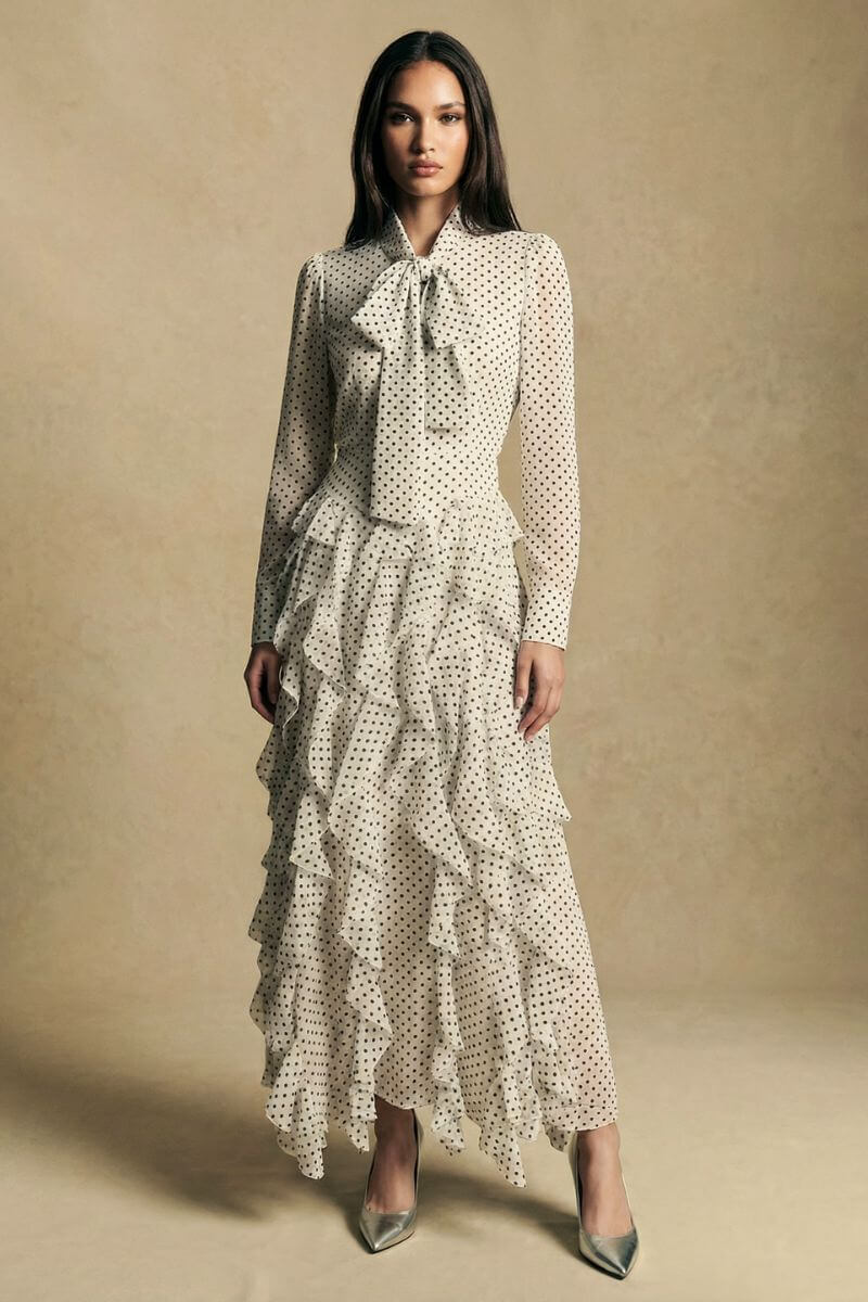 long sleeve maxi dress polka dot Polka Rouge Ruffle Maxi Dress