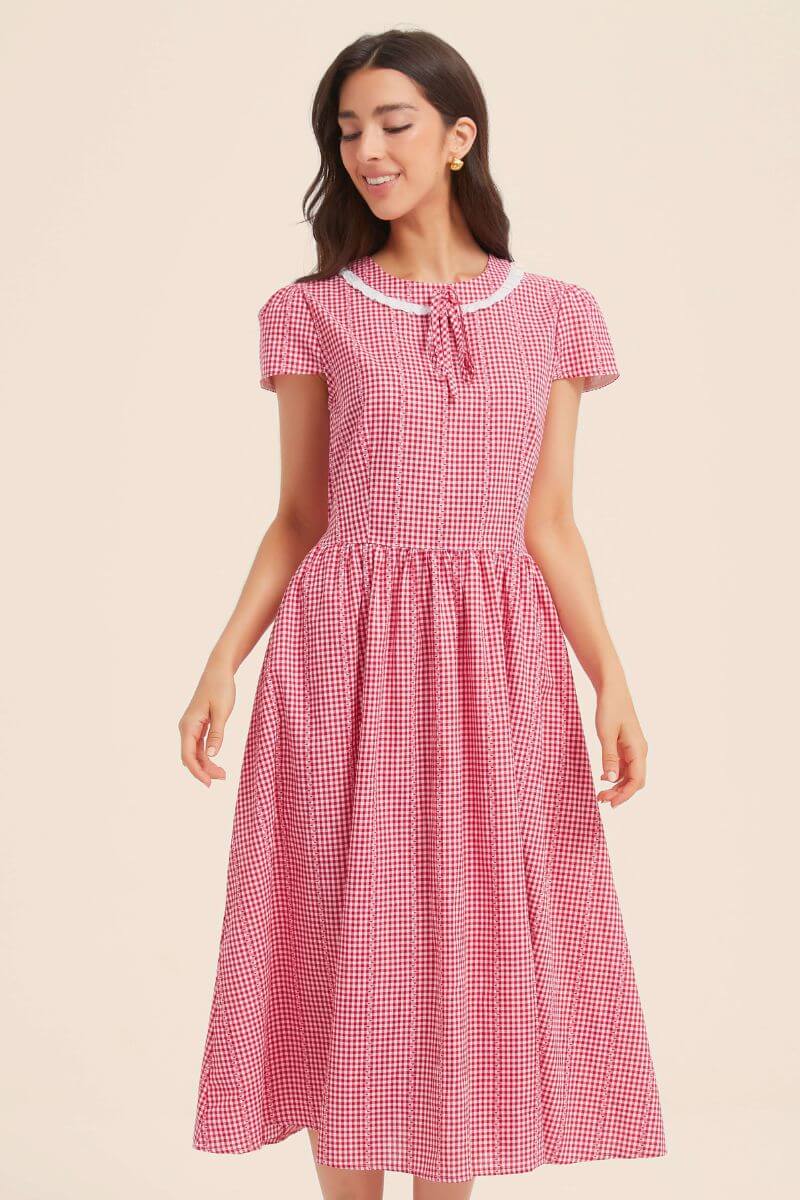 gingham midi dress pink red Sweetshade Gingham Midi Dress