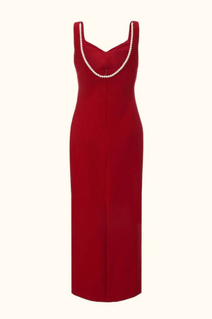 Back view of a red sleeveless maxi dress featuring a pearl-trimmed deep scoop neckline, shown on a plain backdrop.
