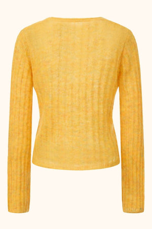 Back view of a yellow ribbed mohair long-sleeve knit top from Sioéne, showing the soft fuzzy texture and slim fitted silhouette.