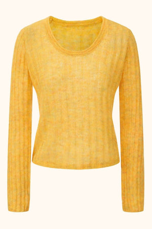 Front view of a yellow mohair ribbed long-sleeve knit top from Sioéne, featuring a lightweight semi-sheer texture and a soft round neckline.
