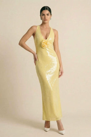 Full-length image of a model wearing a body-skimming yellow sequin gown with a deep V neckline and floral appliqué, paired with white pointed heels.