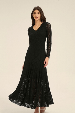 Front view of black lace long sleeve maxi dress with V-neckline and sheer lace detailing on sleeves.