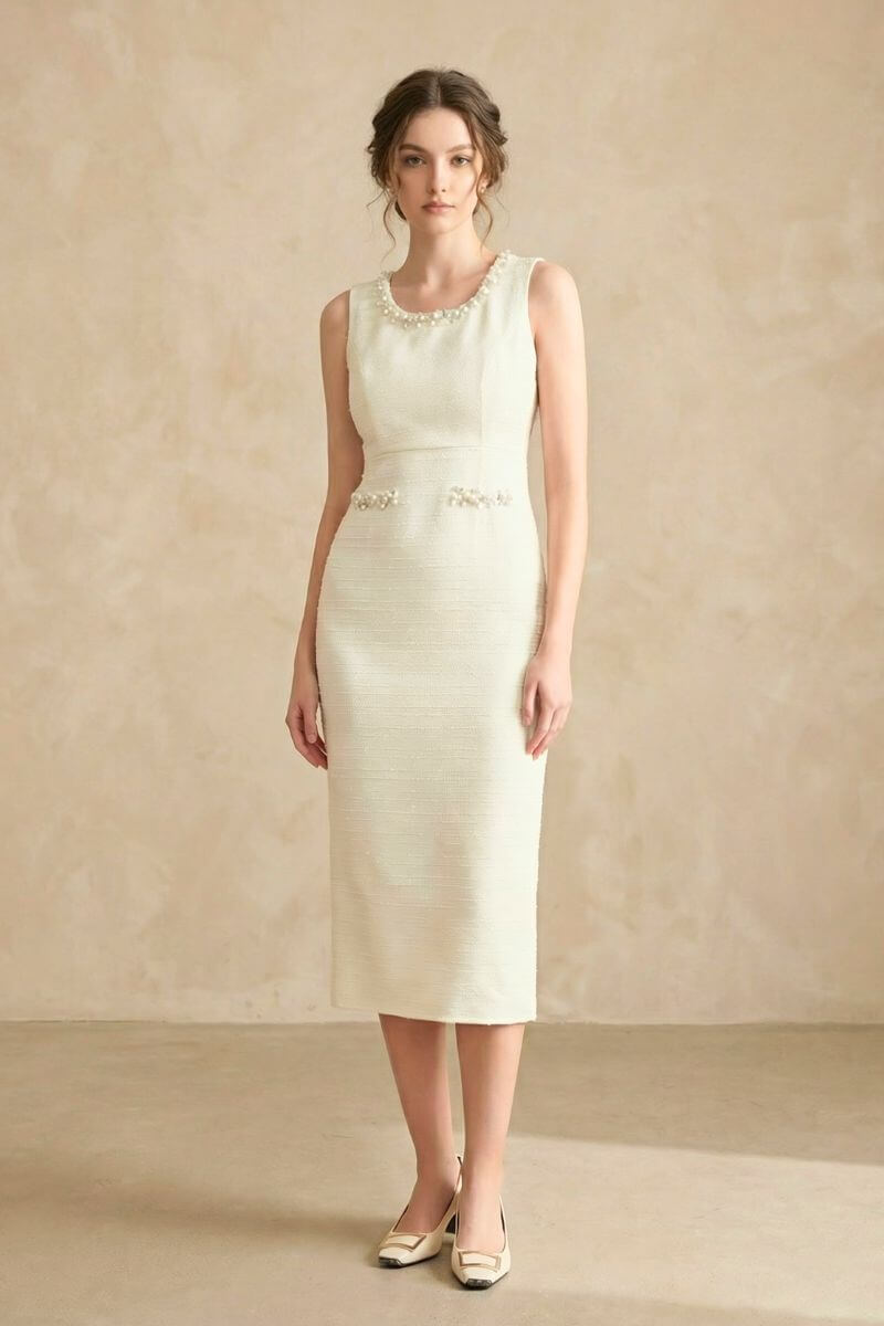 Champagne Tweed Elegance Midi Dress L