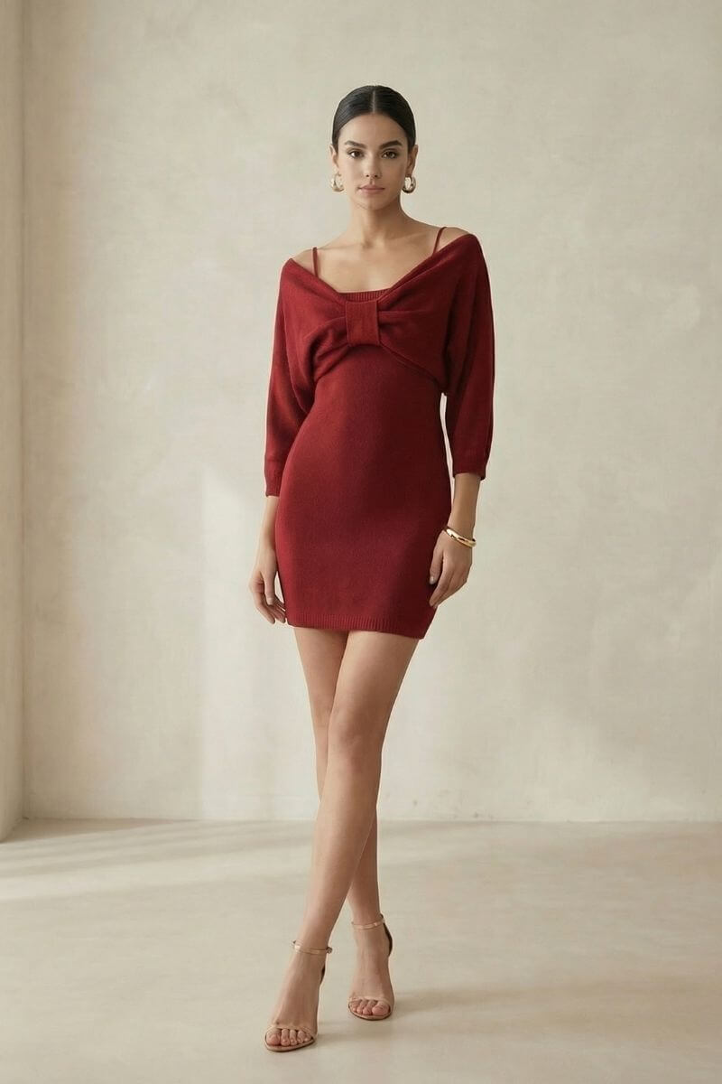 slim fit dress slacks Wine Cashmere Bow Knit Sweater Dress M