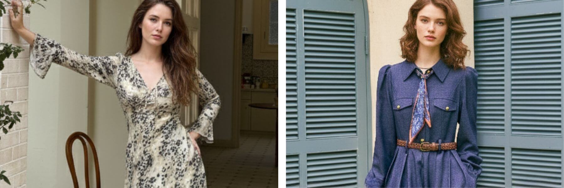 a cream floral flare-sleeve dress, and a navy collared shirt dress with a printed necktie — styled in warm, European-inspired settings.