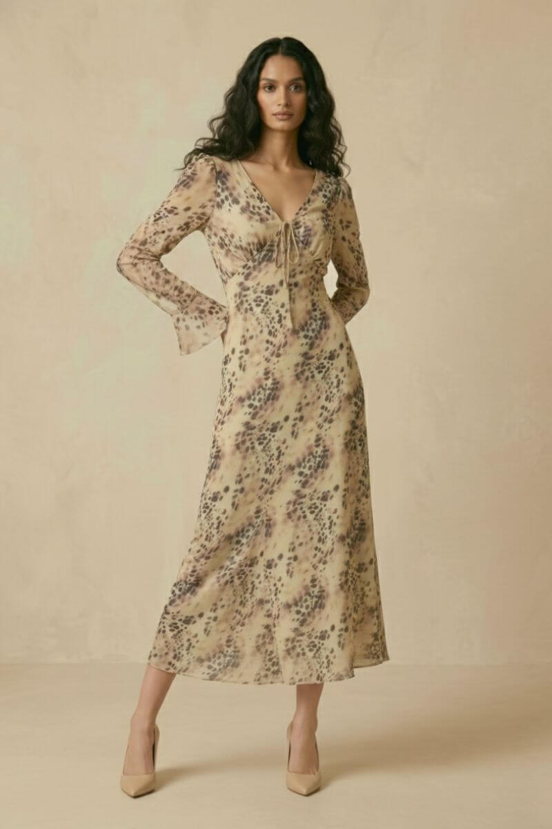 A woman wearing a beige animal-print chiffon midi dress with a V-neckline, long sleeves, and a flowing A-line skirt, shown in a full front view.
