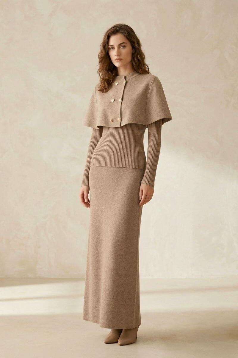 Full-body image of a model in a beige ribbed knit maxi dress paired with a structured cape overlay and gold buttons, styled with neutral ankle boots in a minimal studio.