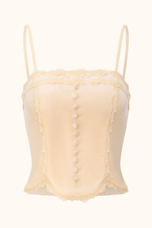 Front view of a beige satin corset top with lace trim, covered buttons, spaghetti straps, and vintage-inspired detailing, photographed on white background for Sioéne.