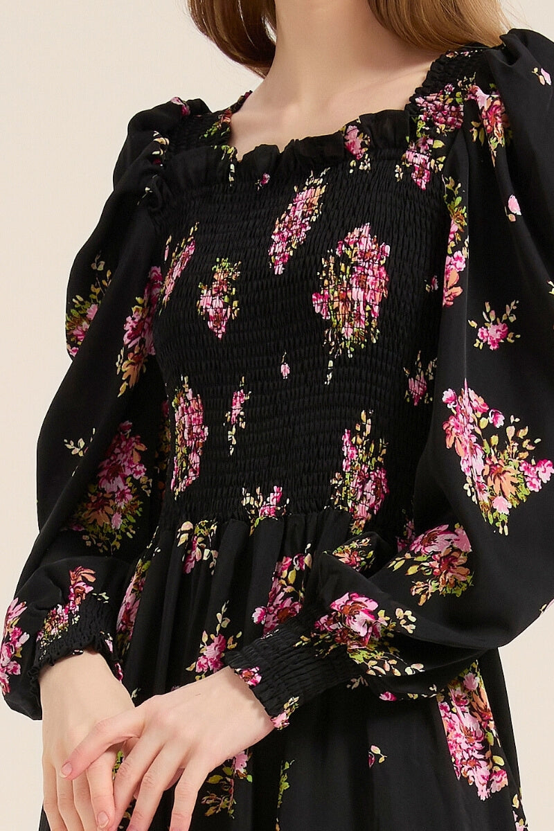 Close-up of black floral dress showing smocked bodice and puff sleeve texture with pink floral print.