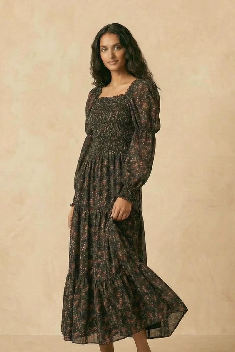 Dark Rose Garden Smocked Maxi Dress XS Dark Rose Garden Smocked Maxi Dress XS