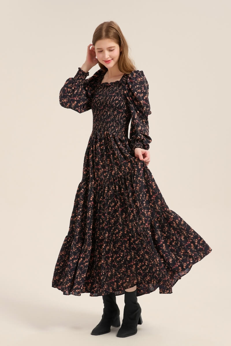long sleeve smocked maxi dress Dark Rose Garden Smocked Maxi Dress XS