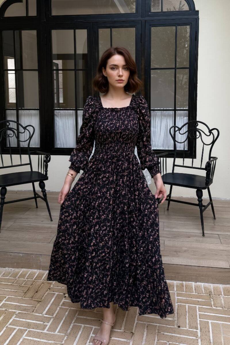 Dark Rose Garden Smocked Maxi Dress XS Dark Rose Garden Smocked Maxi Dress XS