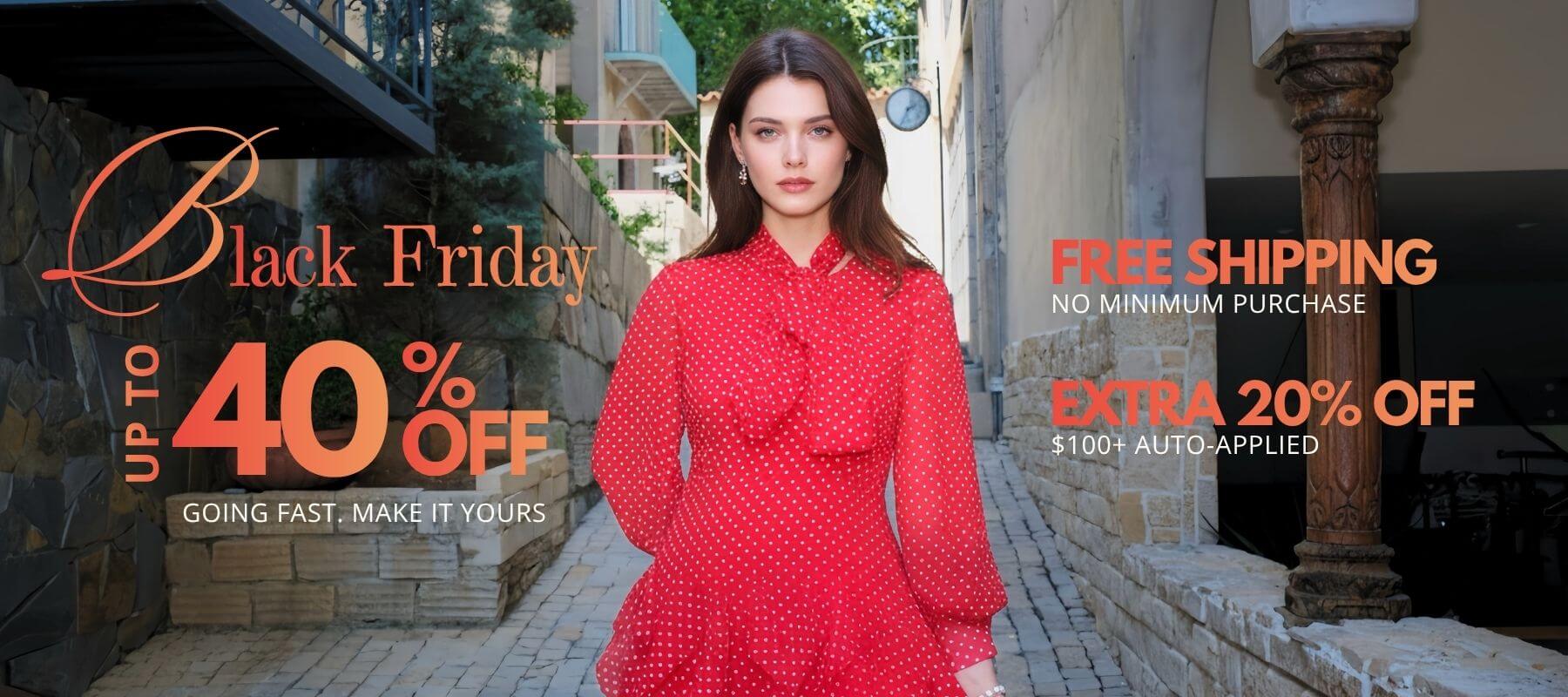 Woman in a red polka-dot long-sleeve dress on a stone walkway with large “Black Friday up to 40% off” text, plus free shipping and extra 20% off $100+—fashion sale homepage banner.
