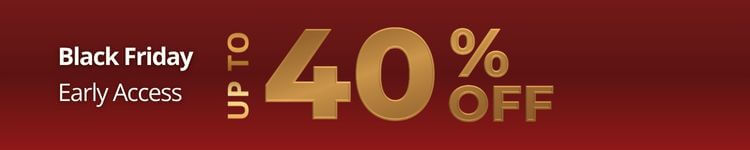 Black Friday early access mobile banner for Sioéne showing gold text on a red background with “up to 40% off” promotion.