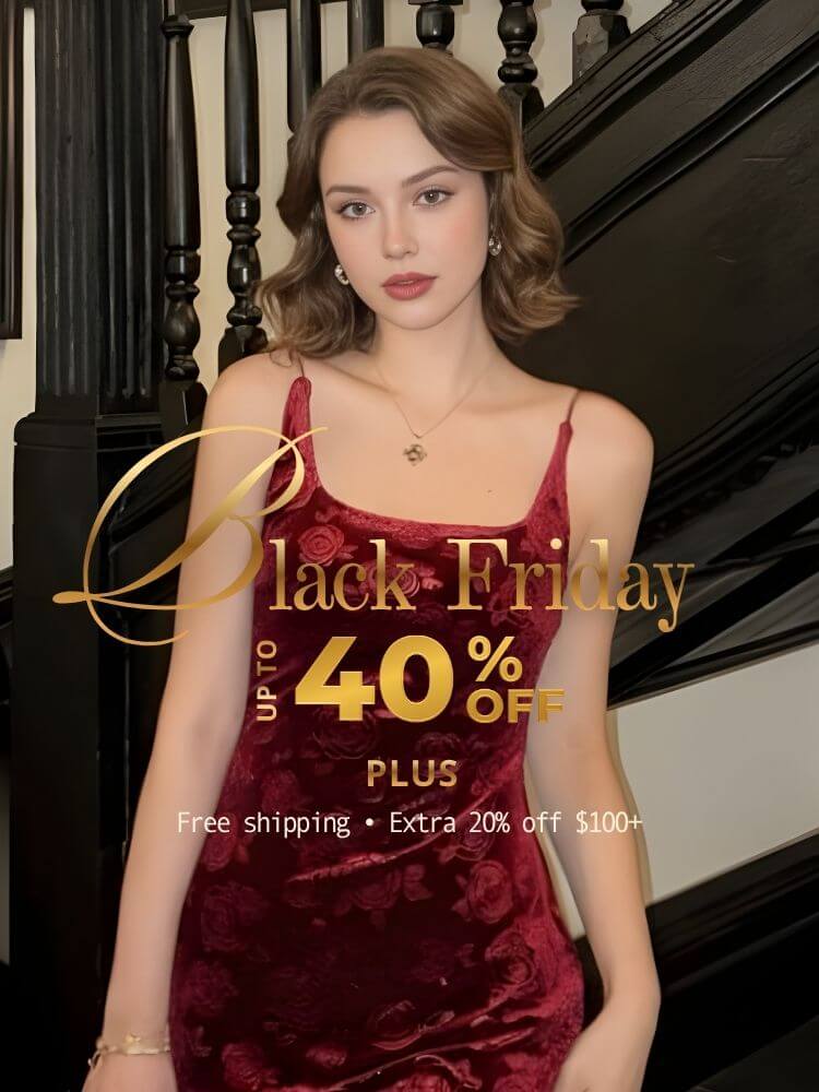 Model wearing a red velvet floral dress posing indoors with elegant gold “Black Friday up to 40% off” text overlay — holiday fashion sale banner with free shipping and extra 20% off orders over $100.