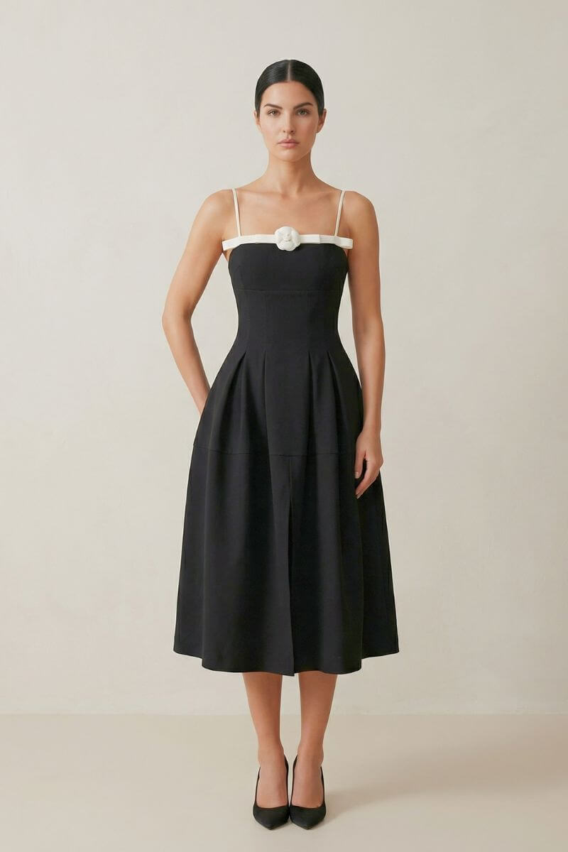 Full-length front view of the black satin-trim midi dress featuring a structured bodice, ivory straps, and a softly flared skirt for an elegant silhouette.