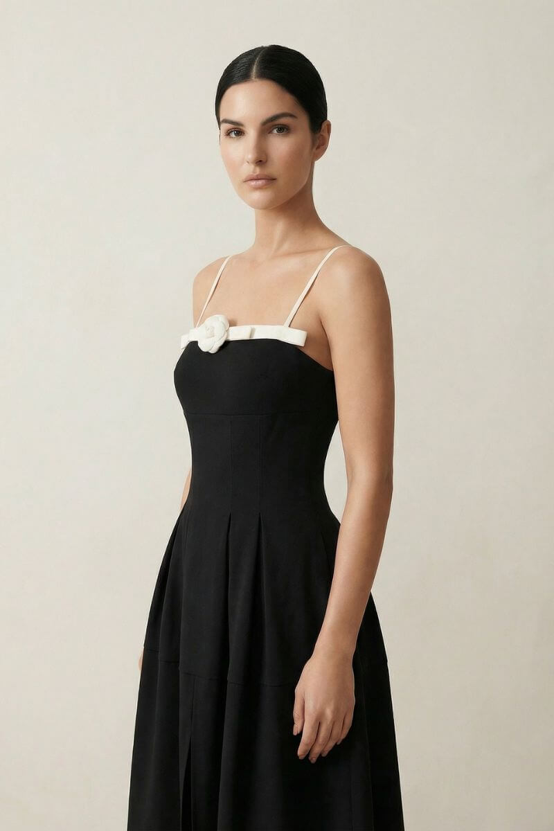Side portrait of the model in the black satin-trim midi dress, highlighting the sculpted bodice, white rosette, and refined neckline details.