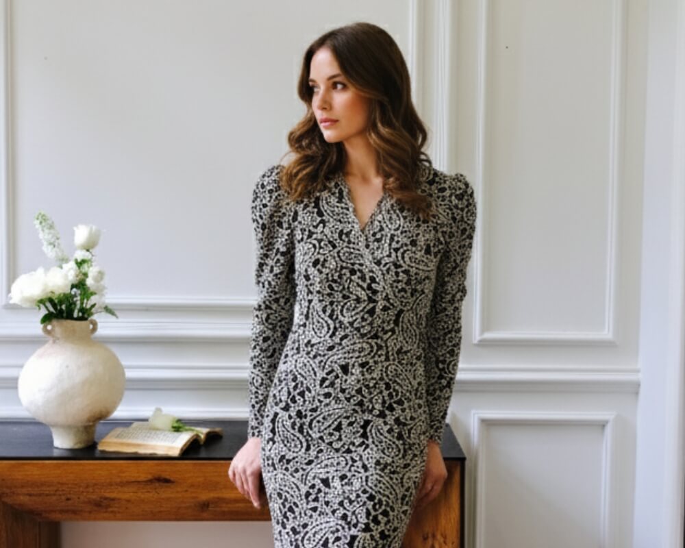 Model standing indoors beside a wooden console wearing a fitted black and ivory paisley jacquard midi dress with long sleev