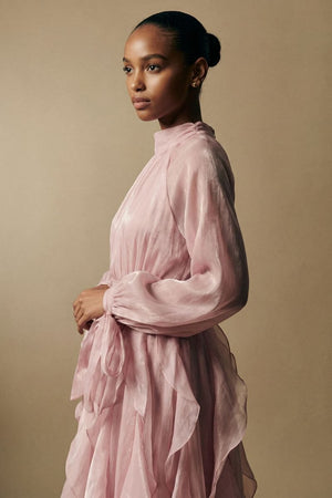 Side profile of a model in a blush pink chiffon maxi dress highlighting the sheer long sleeves, delicate waist tie, and fluid ruffle movement.