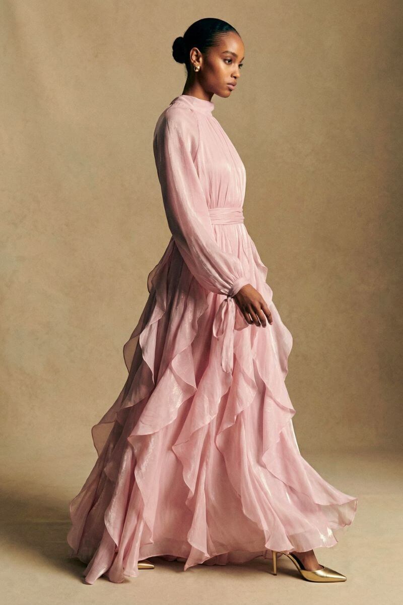 Mulberry Satin Chiffon Tiered-Ruffle Maxi Dress