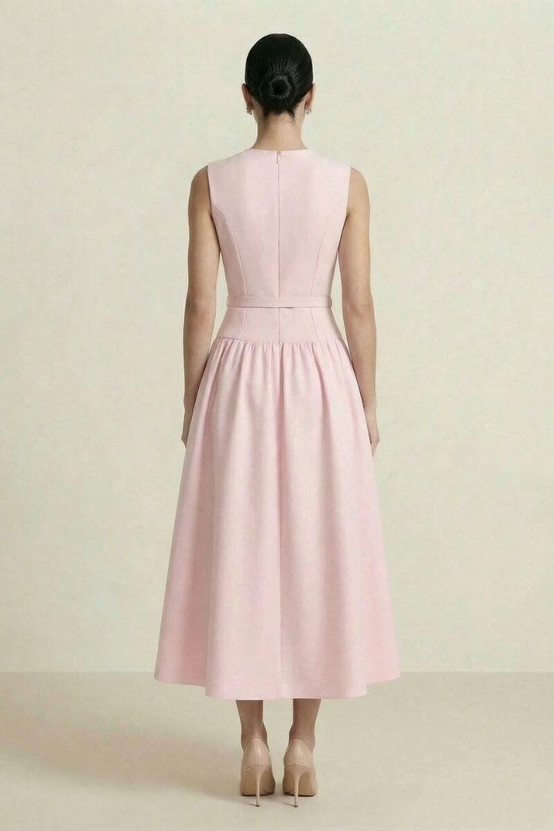 Back view of a blush pink sleeveless midi dress featuring a fitted bodice, center-back zip, and softly gathered skirt, photographed against an elegant neutral backdrop.