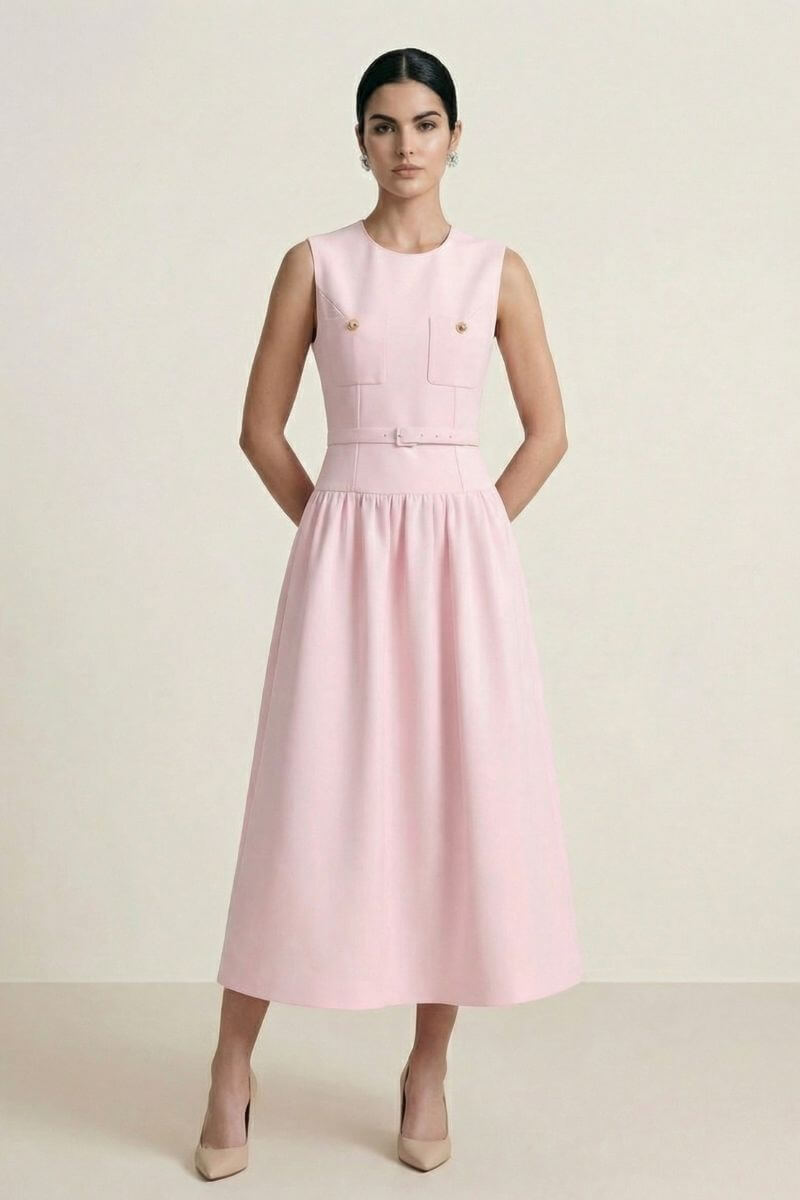 Model wears a blush pink sleeveless midi dress with a fitted bodice, gold-button chest pockets, and a slim belt, styled in a clean studio setting for a soft and elegant look.