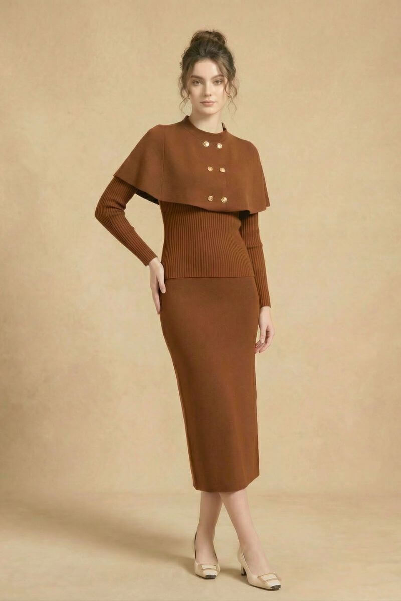 A woman stands with her hands together wearing a brown ribbed knit midi dress featuring a cape overlay and gold buttons in a neutral studio.