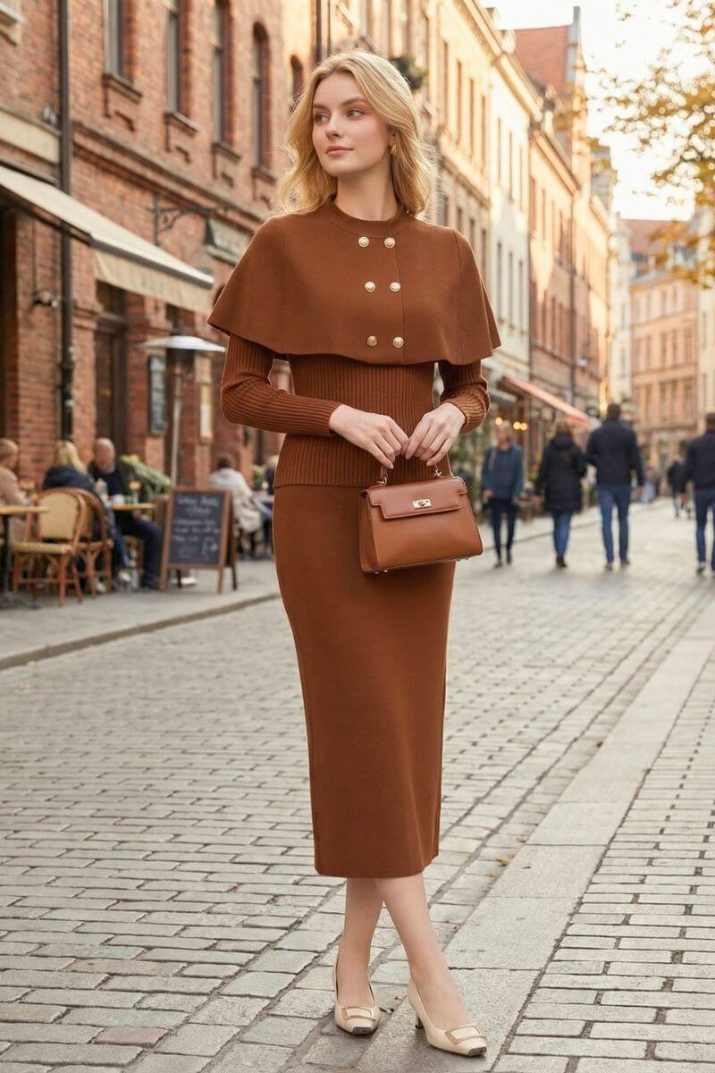 A woman walks down a European cobblestone street wearing a brown cape-shoulder knit midi dress, nude heels, and a matching brown handbag.