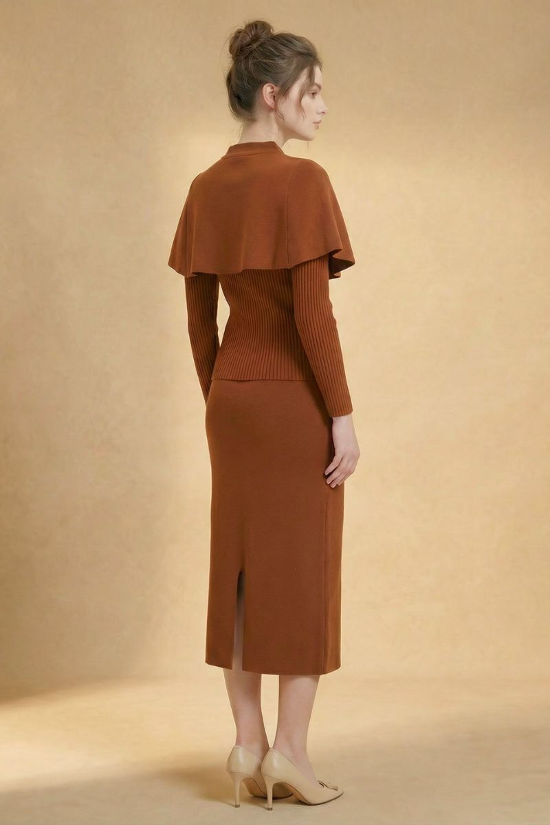 Café Caramel Knit Cape Midi Set L / Camel