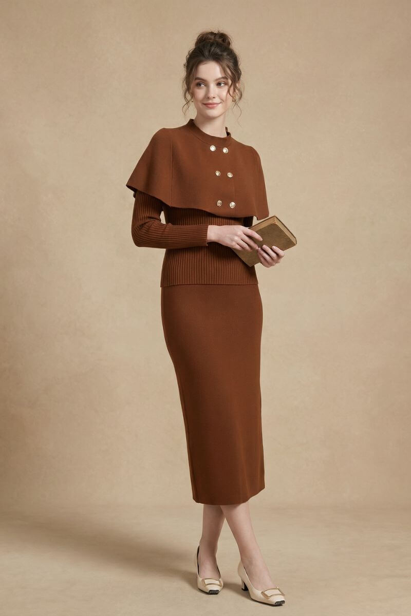 A woman wearing a brown knit cape-shoulder midi dress with gold buttons and ribbed sleeves holds a book while standing in a neutral studio environment.