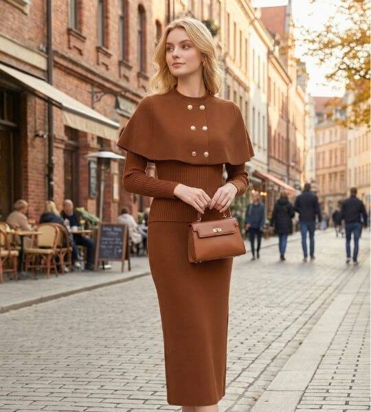 Woman walking down a cobblestone street wearing a brown knit matching set with a cape-style sweater top and pencil skirt, carrying a structured brown handbag.