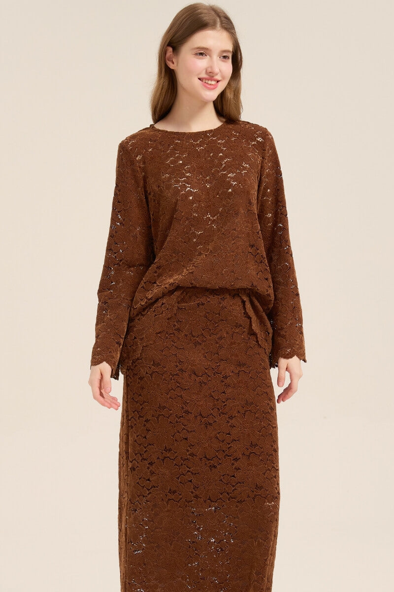 long sleeve lace top with floral skirt two piece dress A-Line Two Piece Scoop Long Sleeves Floral Lace Homecoming Dresses with  Pockets,MH482 main image 0
