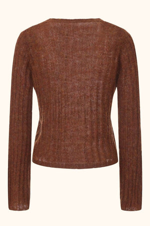 Back view of a brown mohair-blend ribbed knit long sleeve top showing the fitted silhouette and subtle texture, Sioéne elegant knitwear.