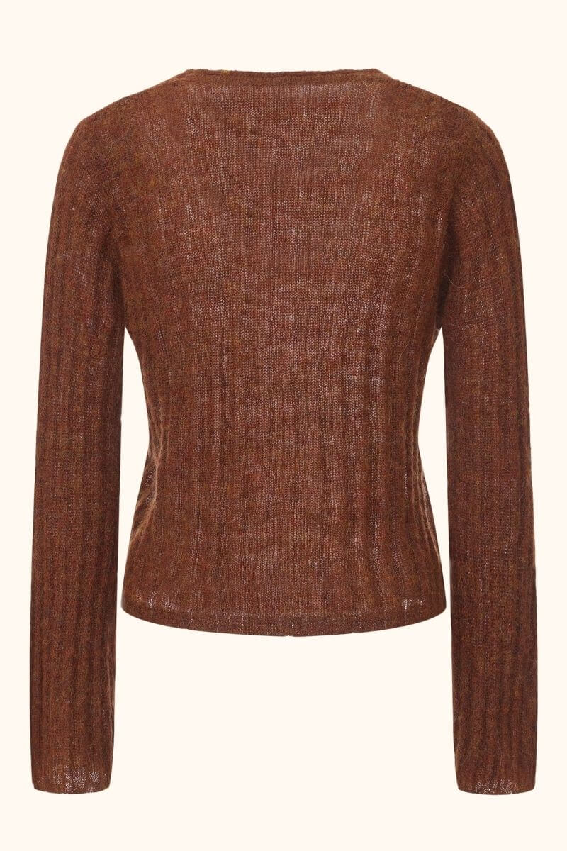 Back view of a brown mohair-blend ribbed knit long sleeve top showing the fitted silhouette and subtle texture, Sioéne elegant knitwear.